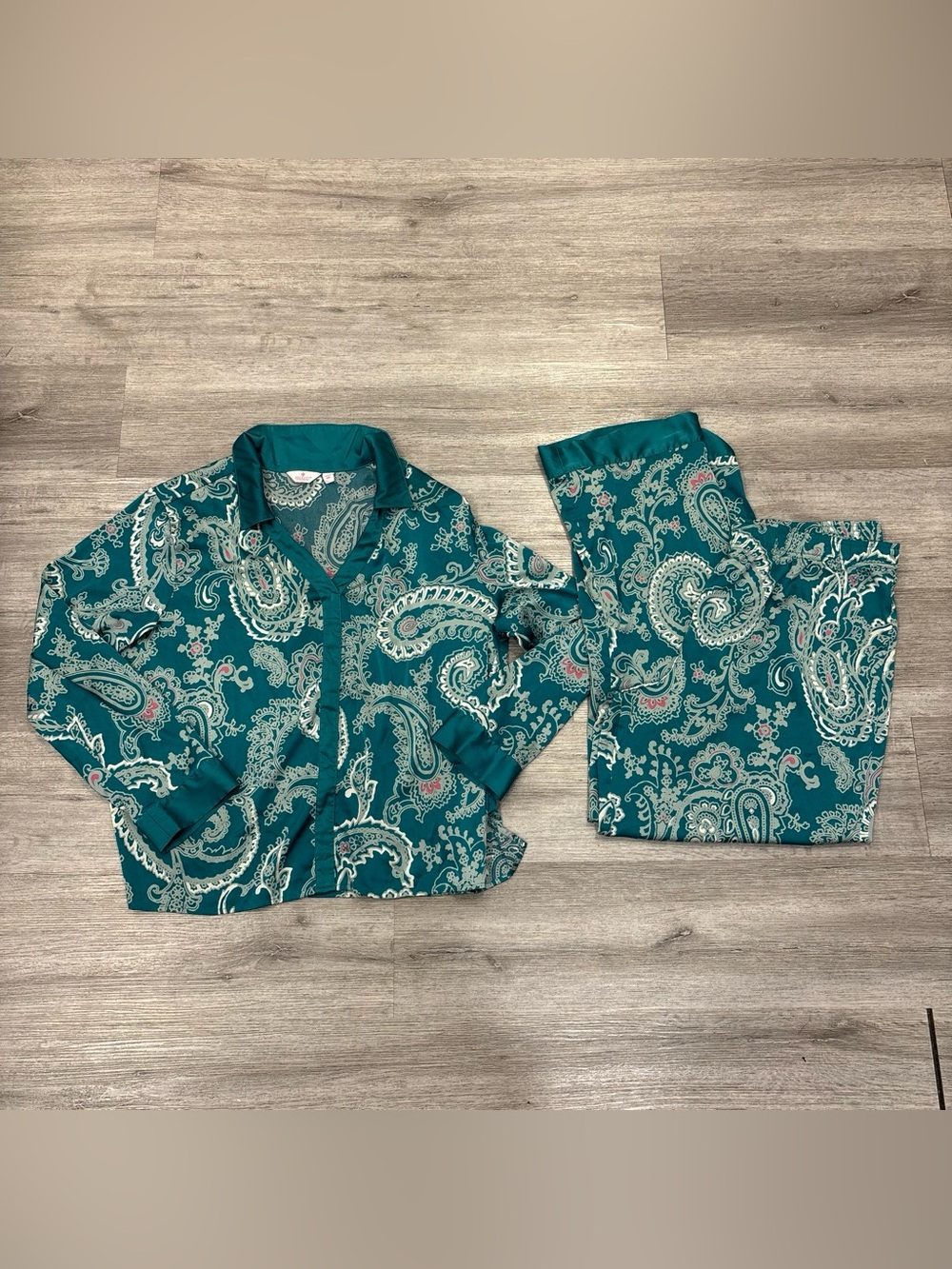 Breezies Teal Paisley Pajama Set womens large 2 pieces silky lounge